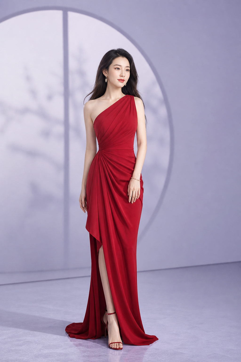 李沁视觉灵感长发模特穿朱红色单肩晚礼服