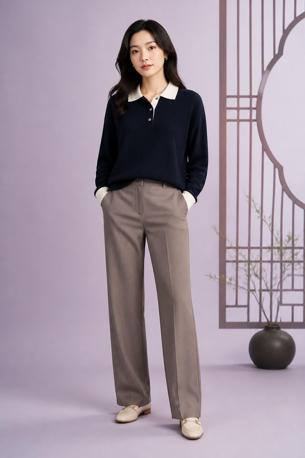 长发模特展示藏青假两件 Polo 针织