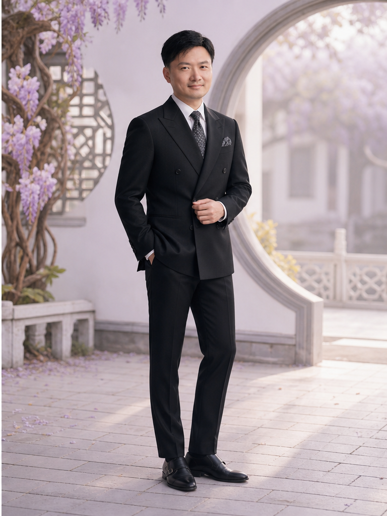 以 Me 面部为参考的黑色双排扣西装全身造型
