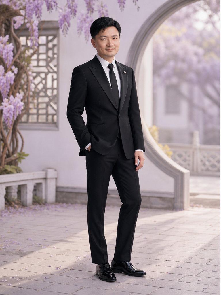 以 Me 面部为参考的黑色峰领礼服西装全身造型