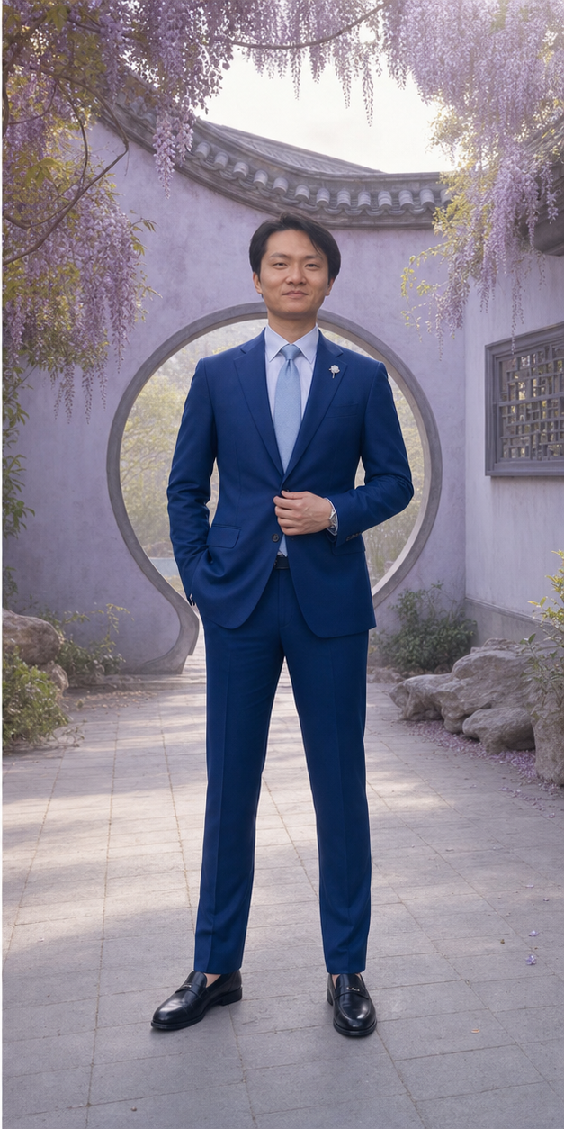 以 Me2 面部为参考的宝蓝修身西装全身造型