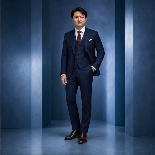 深蓝三件套西装全身造型