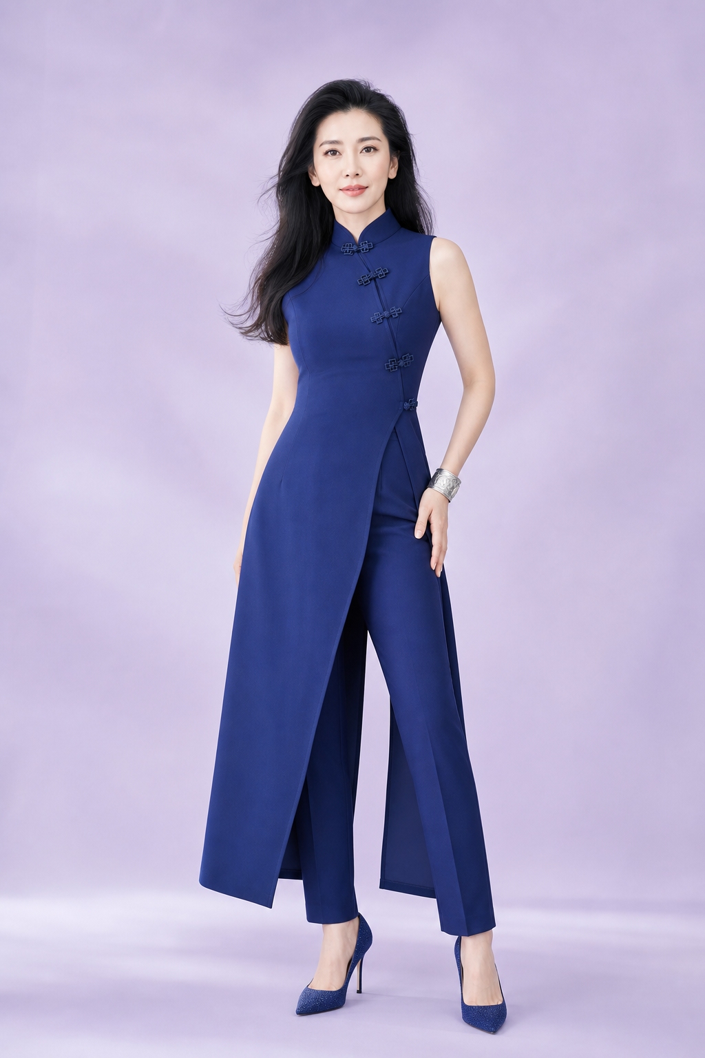 李冰冰视觉灵感长发模特穿蓝色当代旗袍